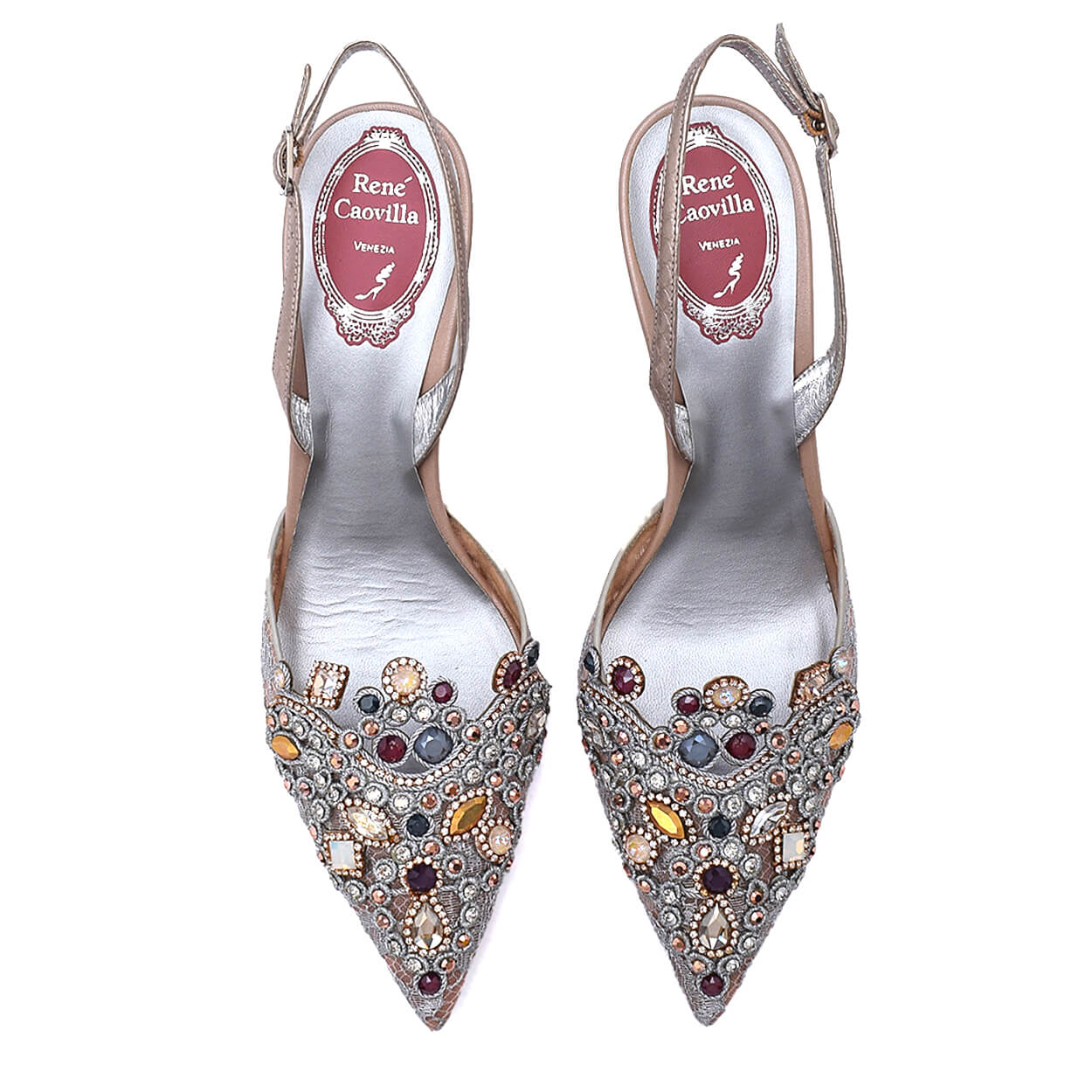 Rene Caovilla -Grey Crystal Embellished Lace and Leather Slingback Pumps 39